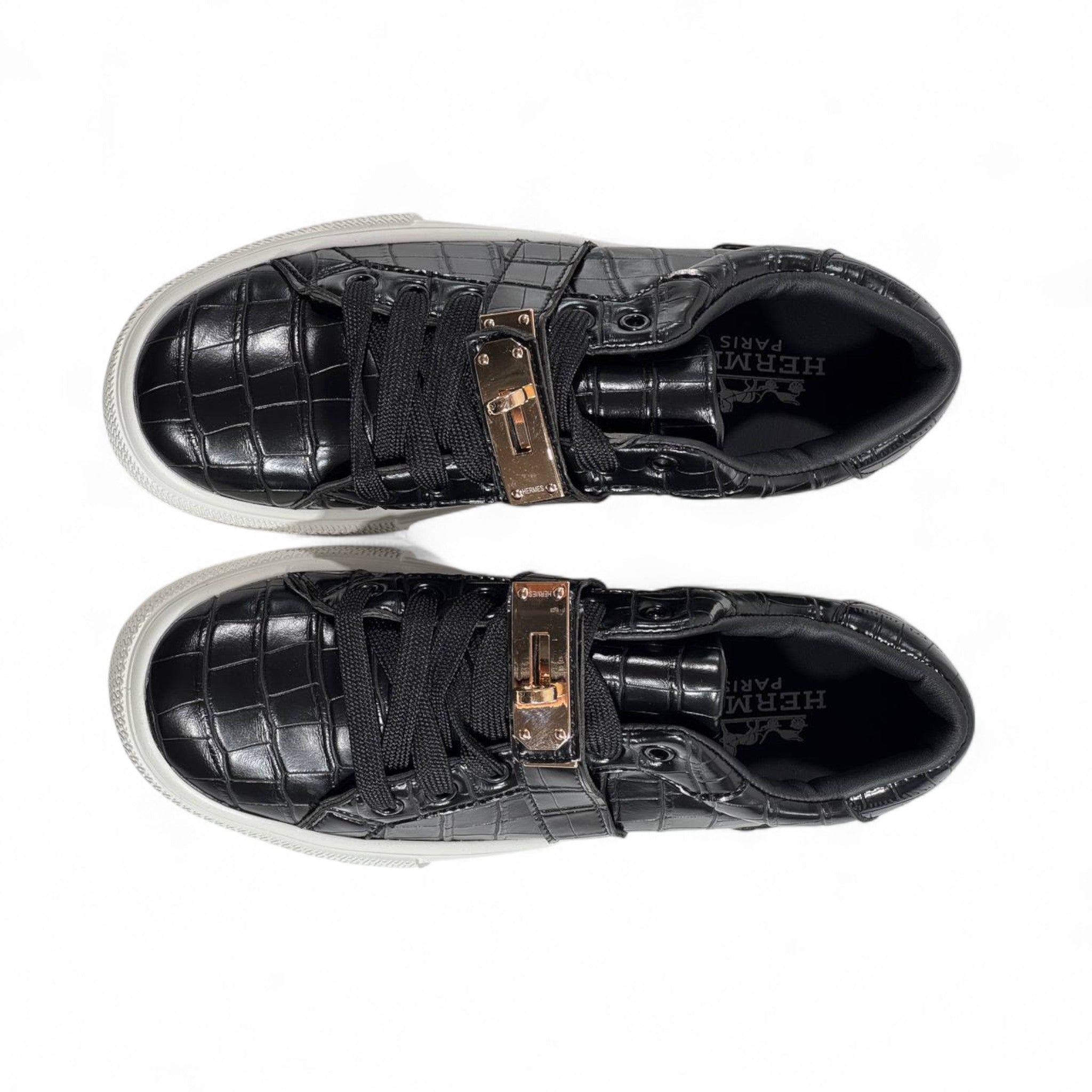 Hermès Black Croc-Embossed Luxury Sneakers with Gold Hardware ✨👟