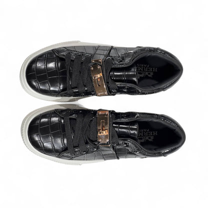 Hermès Black Croc-Embossed Luxury Sneakers with Gold Hardware ✨👟