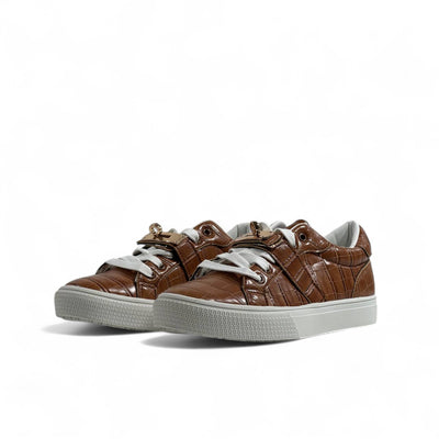 Hermès Brown Croc-Embossed Sneakers with Gold Lock Detail