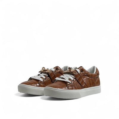 Hermès Brown Croc-Embossed Sneakers with Gold Lock Detail