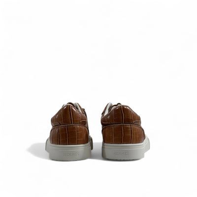 Hermès Brown Croc-Embossed Sneakers with Gold Lock Detail