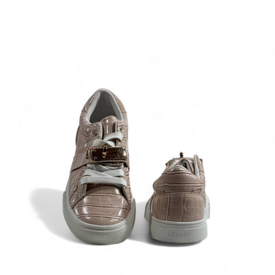 Hermès Beige Croc-Embossed Sneakers with Gold Lock