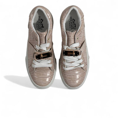 Hermès Beige Croc-Embossed Sneakers with Gold Lock