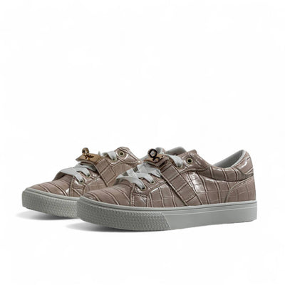 Hermès Beige Croc-Embossed Sneakers with Gold Lock