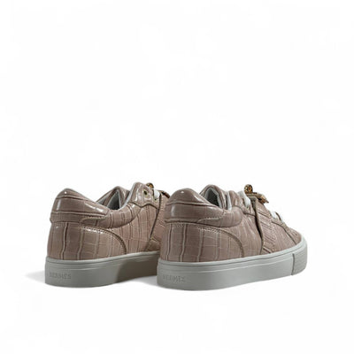 Hermès Beige Croc-Embossed Sneakers with Gold Lock