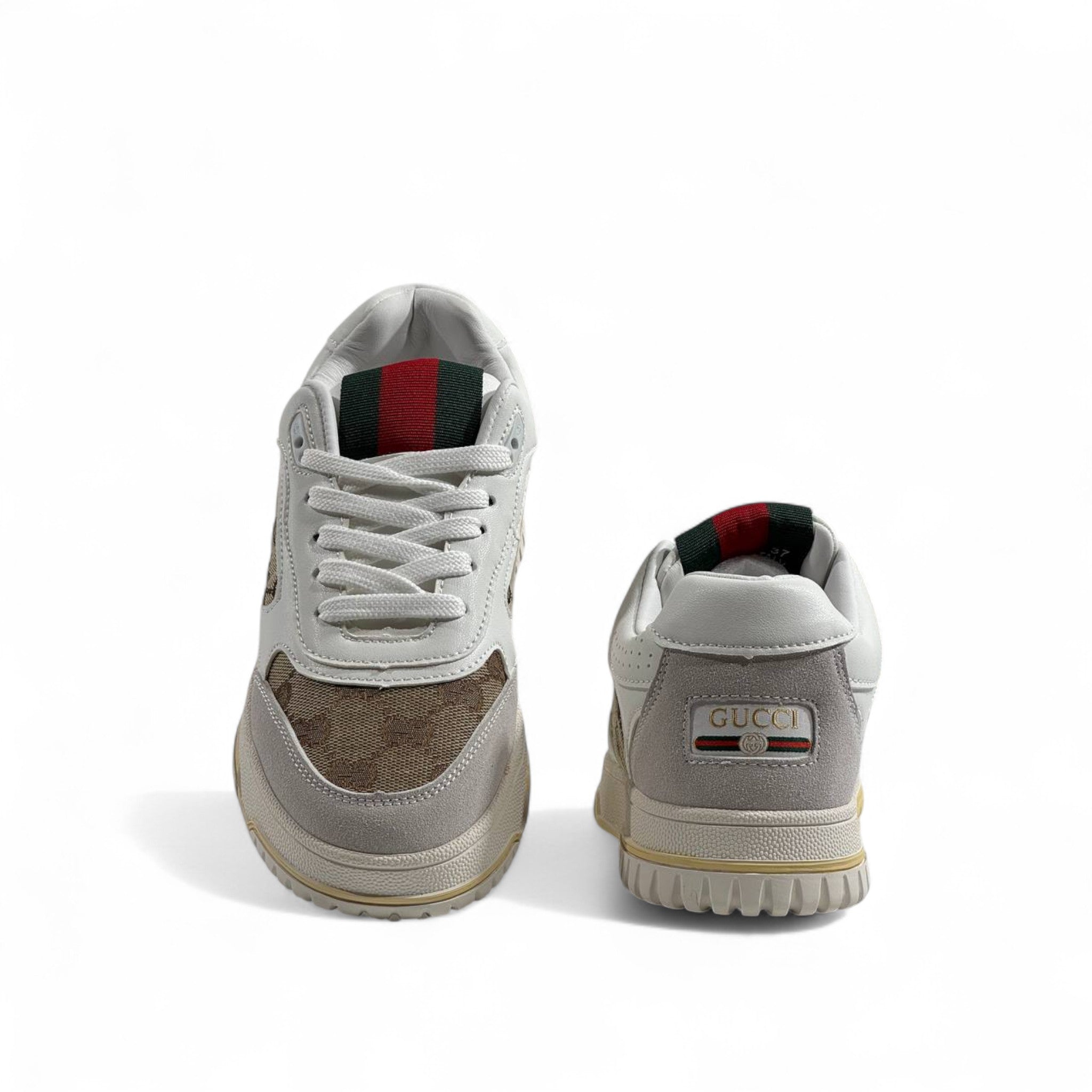 Gucci GG Supreme Retro Sneakers – White & Beige with Web Detail 🤍🟢🔴