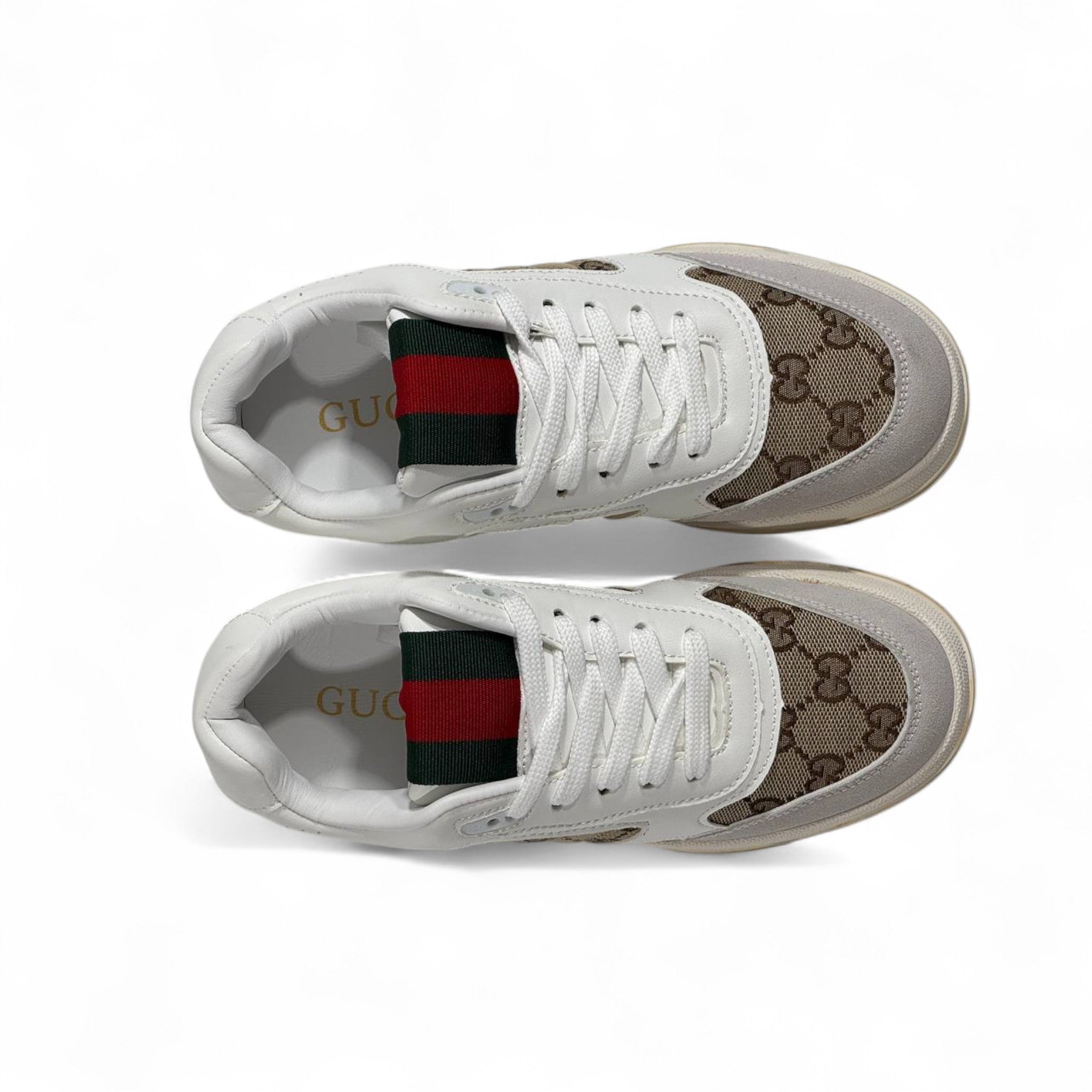 Gucci GG Supreme Retro Sneakers – White & Beige with Web Detail 🤍🟢🔴