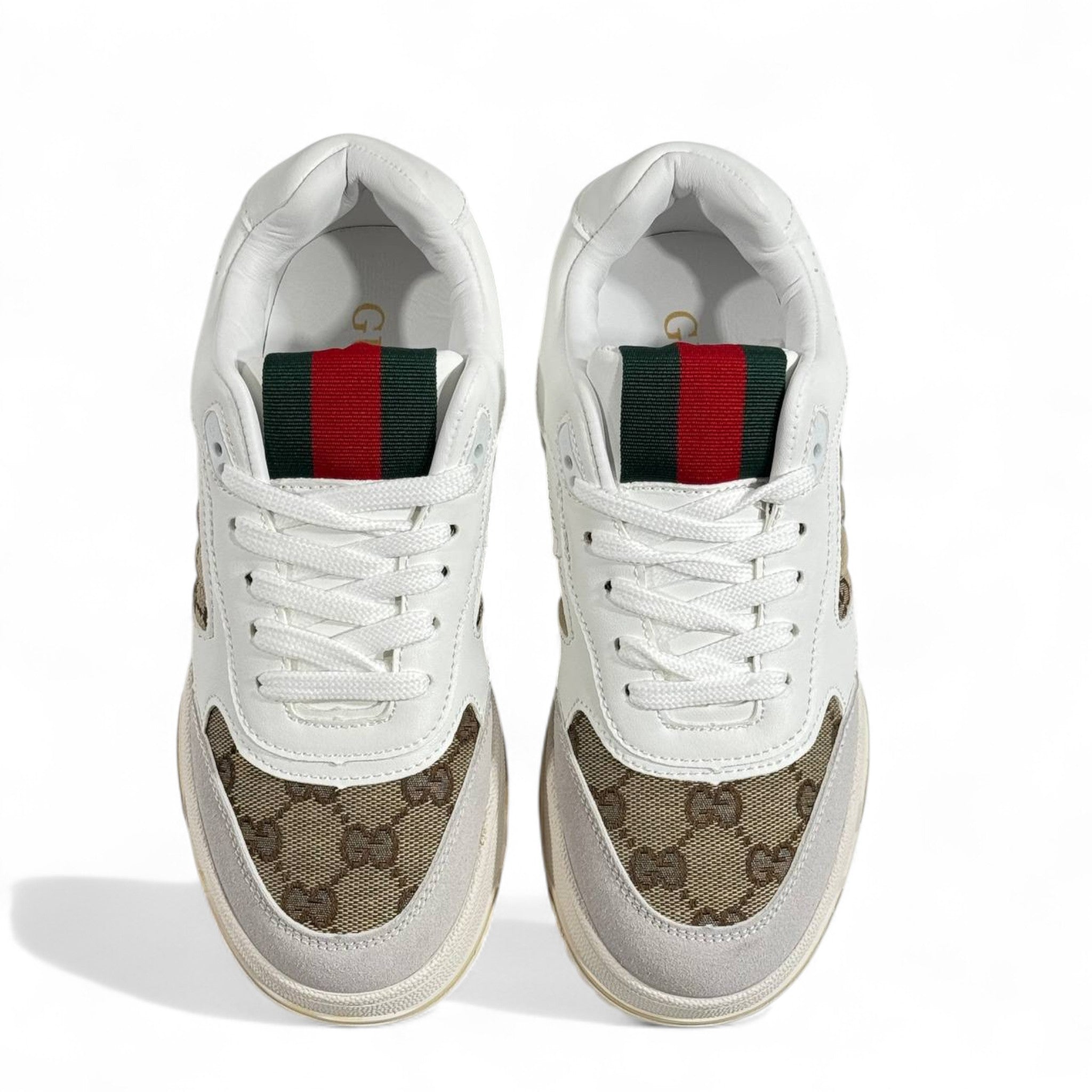Gucci GG Supreme Retro Sneakers – White & Beige with Web Detail 🤍🟢🔴