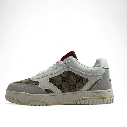 Gucci GG Supreme Retro Sneakers – White & Beige with Web Detail 🤍🟢🔴