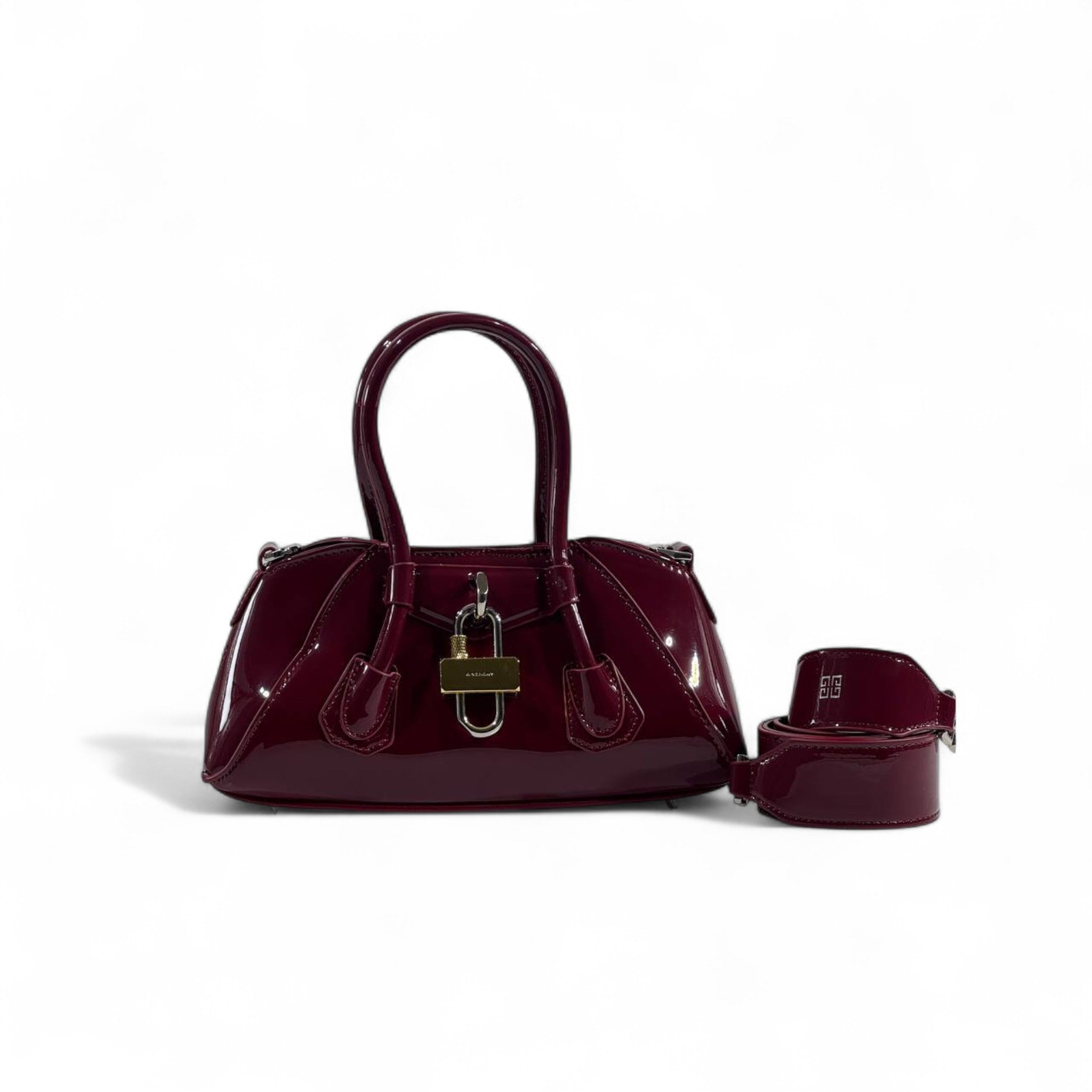 🍷 Givenchy Burgundy Patent Leather Handbag – Bold, Elegant & Iconic ✨