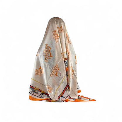 🤍🧡 Hermès Paris Silk Scarf – Ivory with Orange Accents ✨