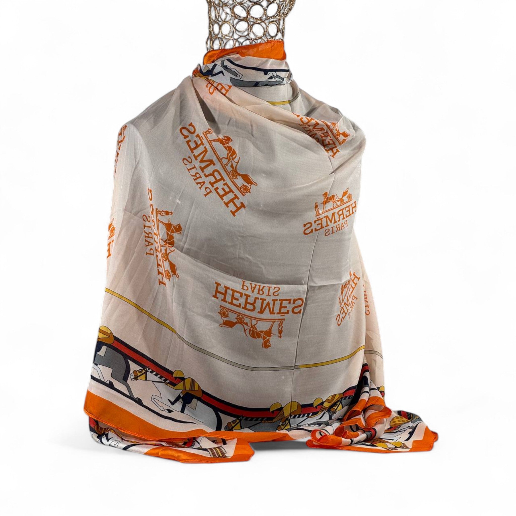 🤍🧡 Hermès Paris Silk Scarf – Ivory with Orange Accents ✨