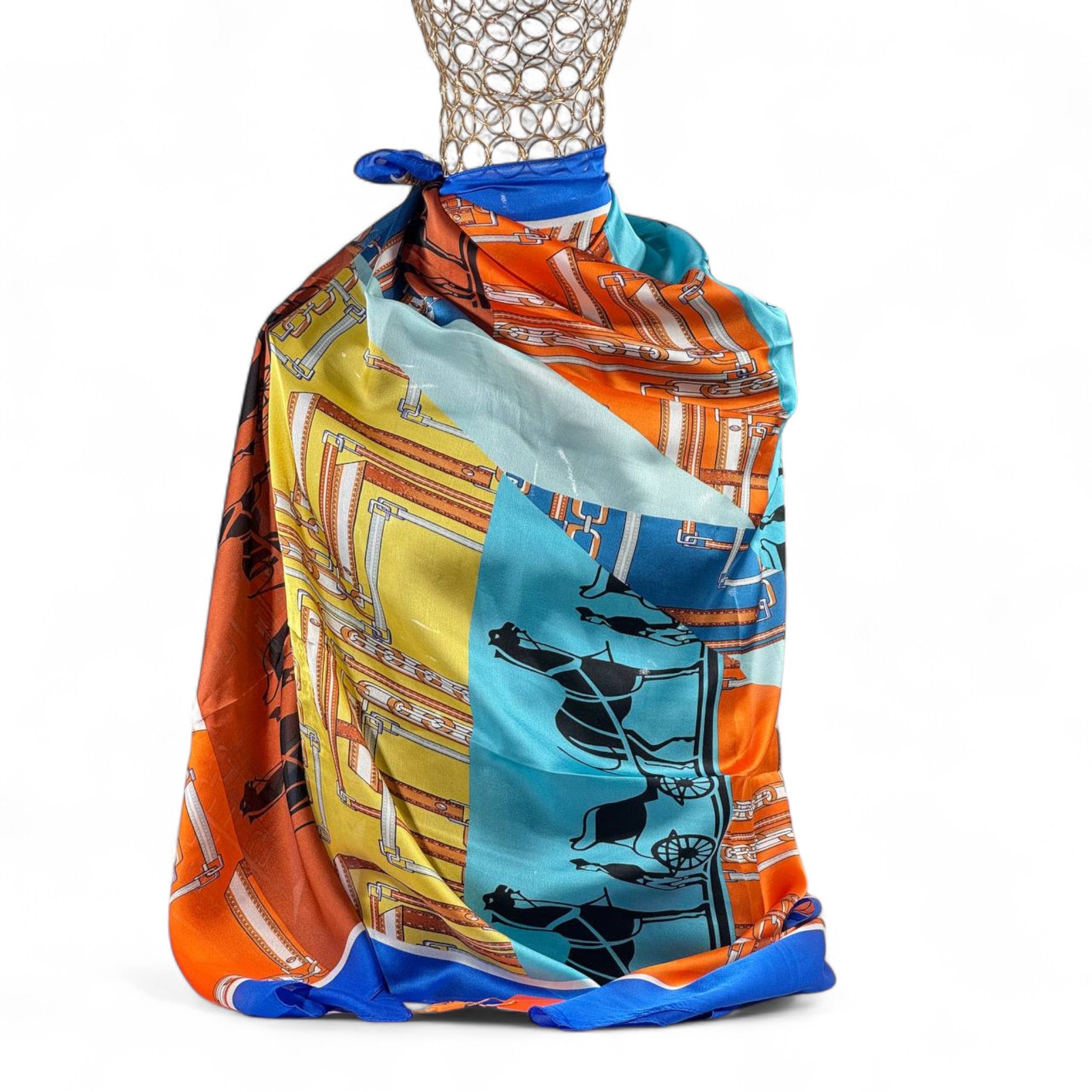 💙🧡 Hermès Paris Silk Scarf – Blue & Orange Equestrian Elegance ✨