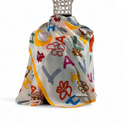 🌸 Chanel Multicolor Silk Scarf – White Canvas with Yellow Trim ✨
