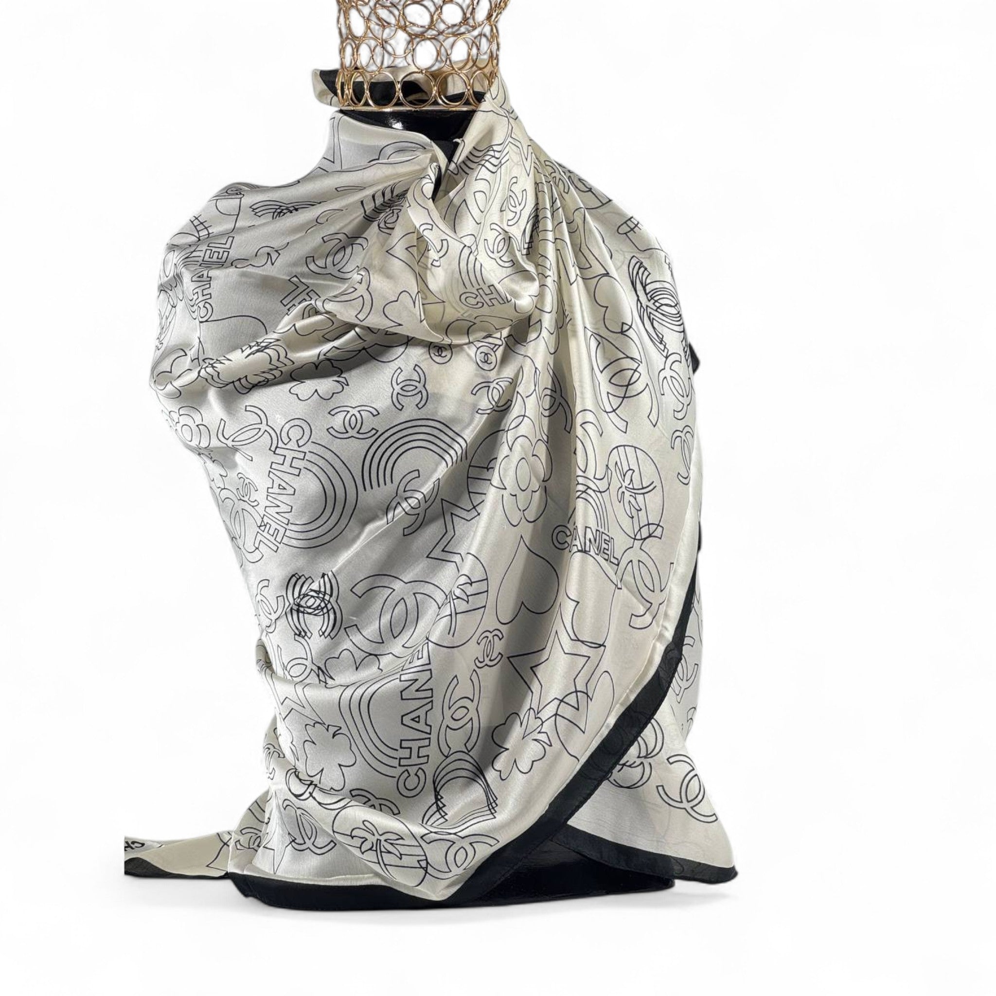 🖤 Chanel Monochrome Silk Scarf – Ivory & Black Elegance ✨