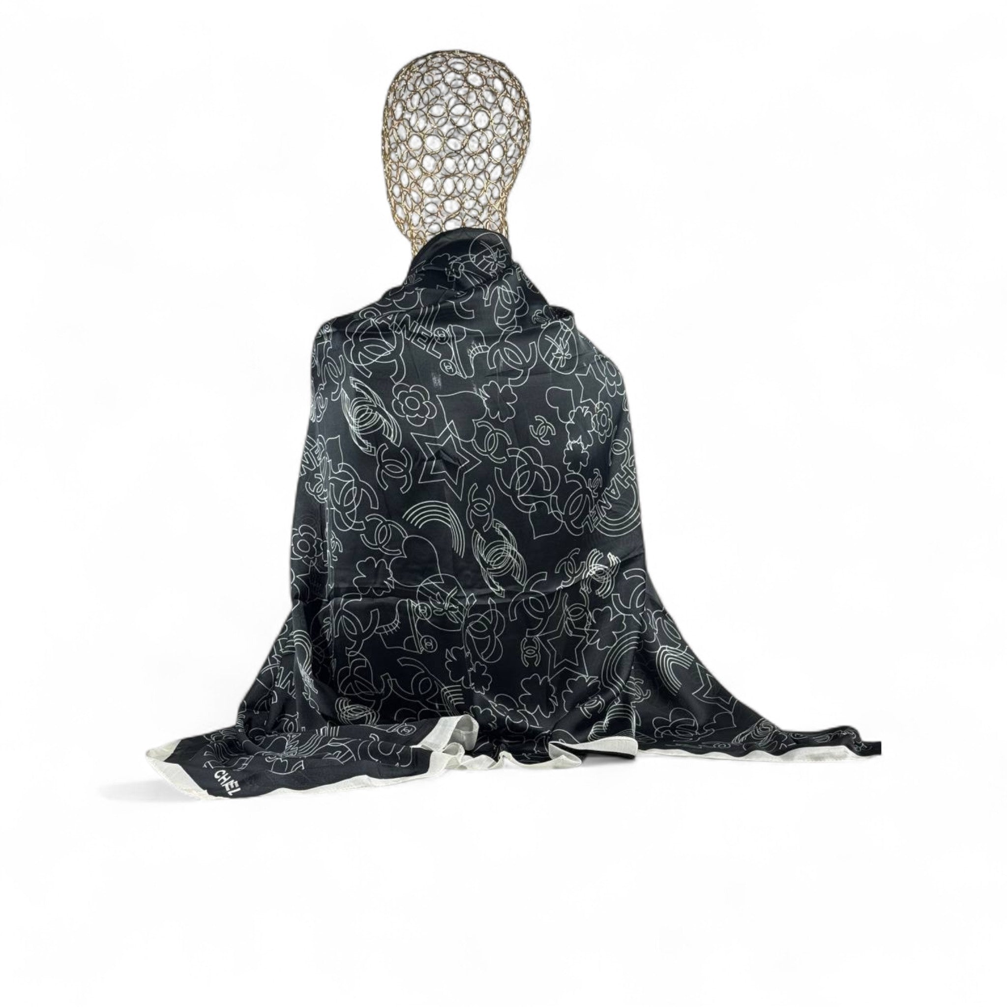 🖤 Chanel Black & White Outline Silk Scarf – Timeless Elegance ✨