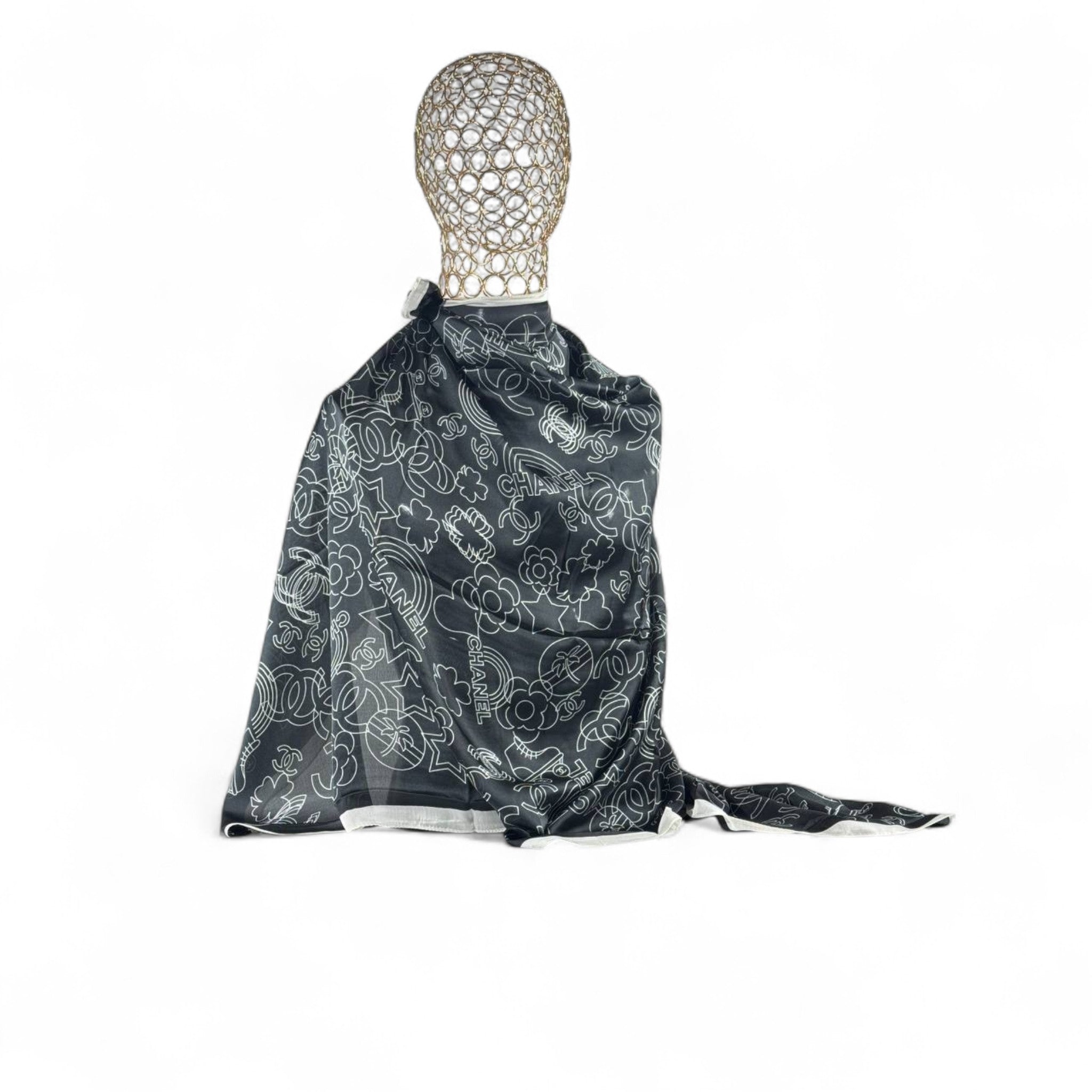 🖤 Chanel Black & White Outline Silk Scarf – Timeless Elegance ✨