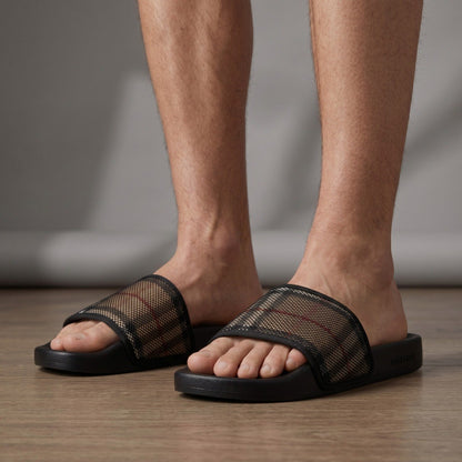 🖤🌬️ Burberry Check Mesh Slide Sandals – Luxury Men's Breathable Slides