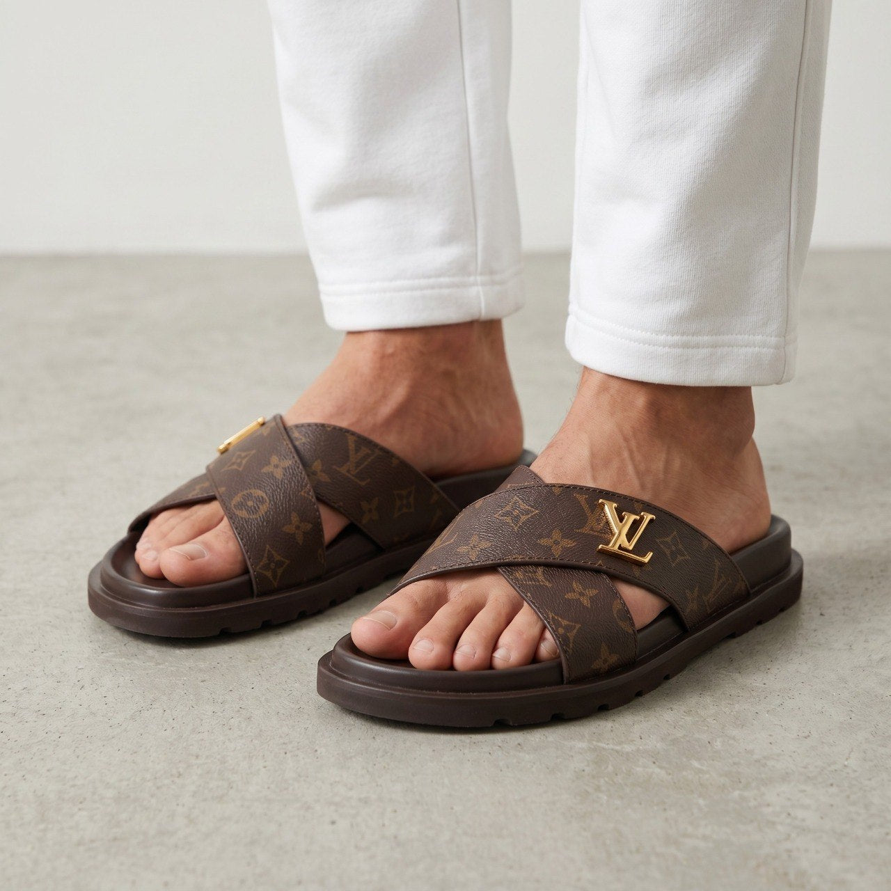 🤎✨ Louis Vuitton Monogram Cross Strap Slide Sandals | Premium Designer Comfort 👣