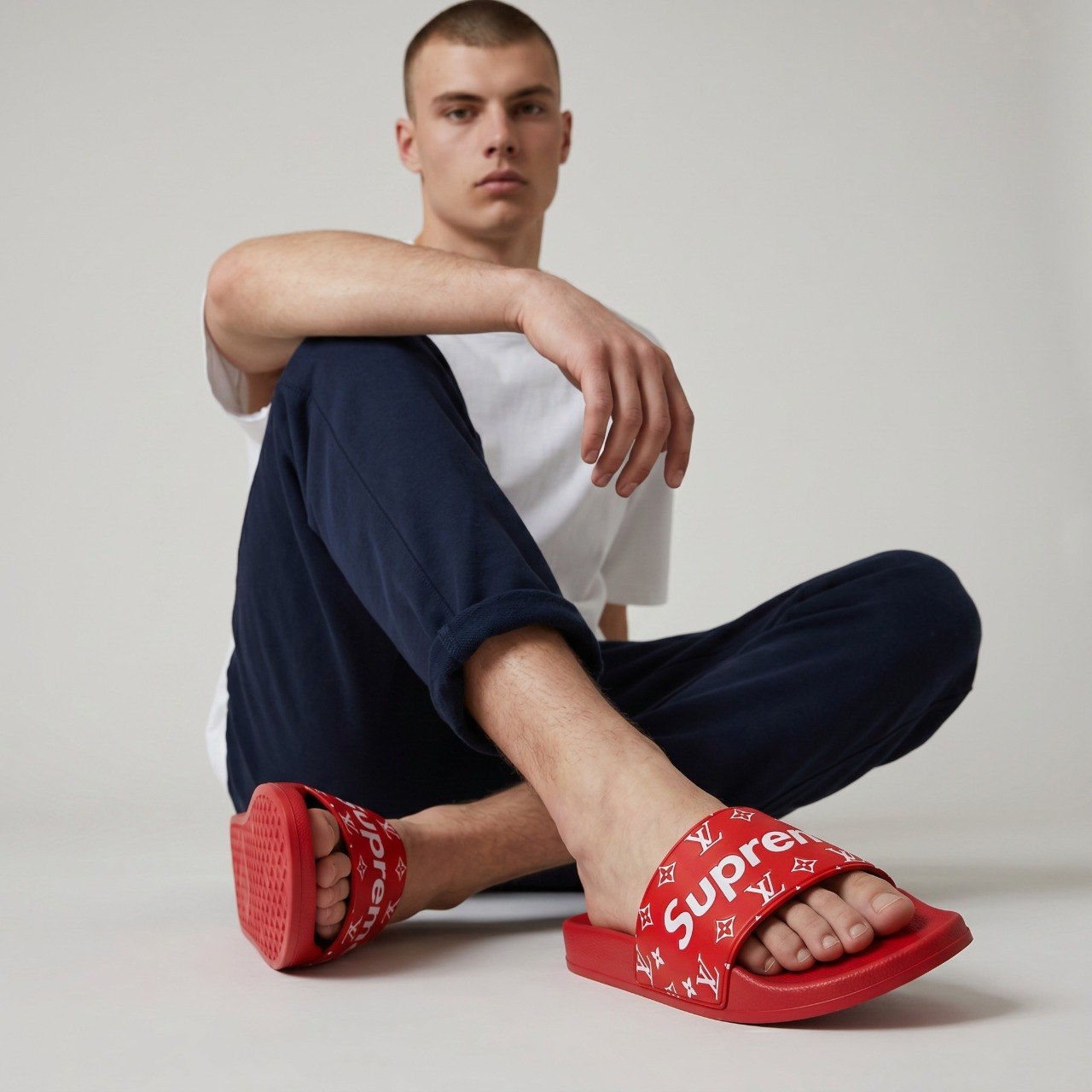 ❤️🔥 Supreme x Louis Vuitton Monogram Red Slide Sandals | Luxury Streetwear Slides 👣