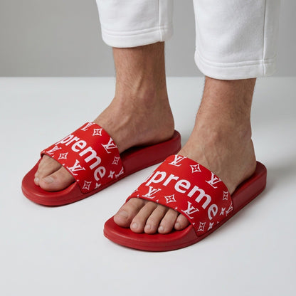 ❤️🔥 Supreme x Louis Vuitton Monogram Red Slide Sandals | Luxury Streetwear Slides 👣
