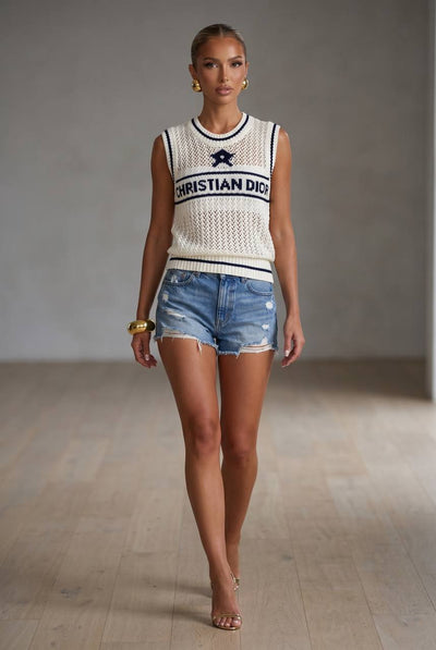 Christian Dior Women's Knit Mesh Sleeveless Top – Luxury Designer Cream Tank Sweater