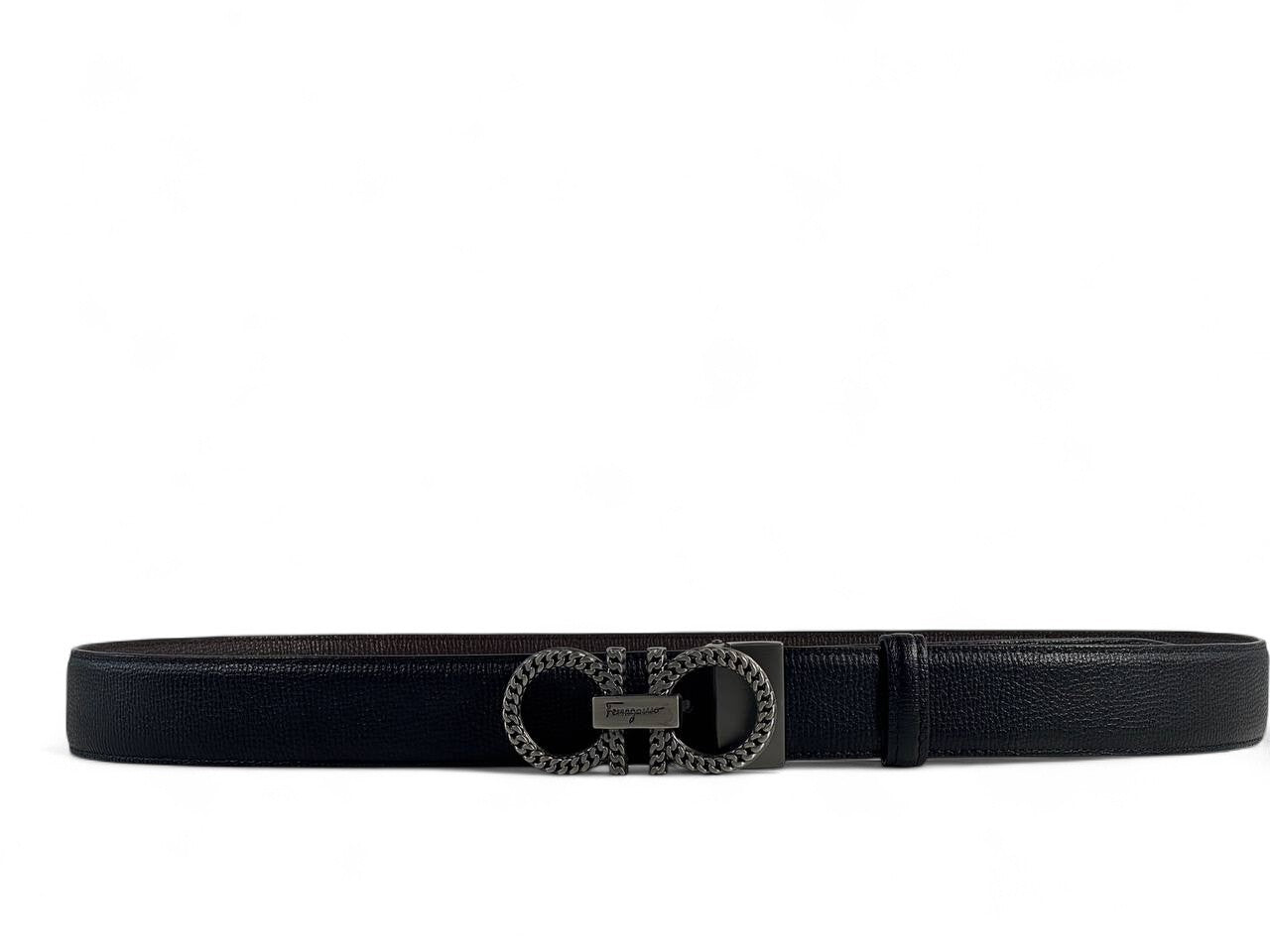 Salvatore Ferragamo Black Leather Belt with Gancini Chain Buckle – 120CM 🖤✨