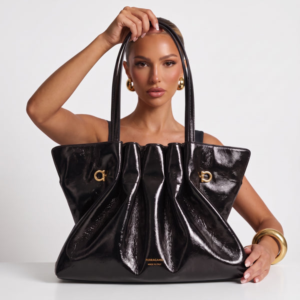Ferragamo Gathered Patent Tote – Black 🖤👜