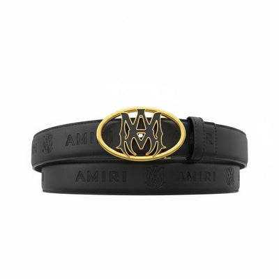 🖤✨ AMIRI Signature Logo Leather Belt – Gold Buckle | 115CM Luxury Statement