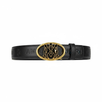 🖤✨ AMIRI Signature Logo Leather Belt – Gold Buckle | 115CM Luxury Statement
