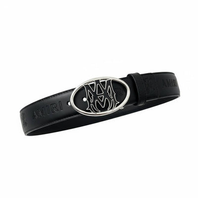 🖤✨ AMIRI Signature Leather Belt – Silver Logo Buckle | Luxury Edition