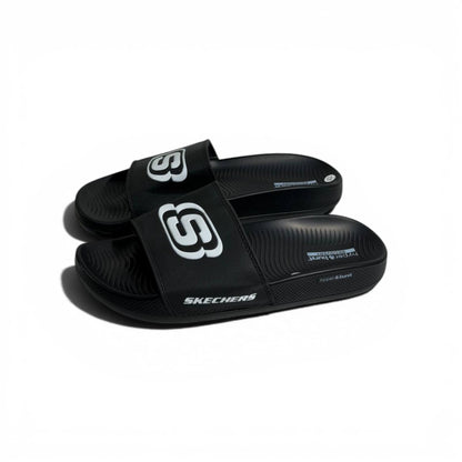🖤⚡ Skechers Logo Comfort Slides – Black Signature Slides | Everyday Wear