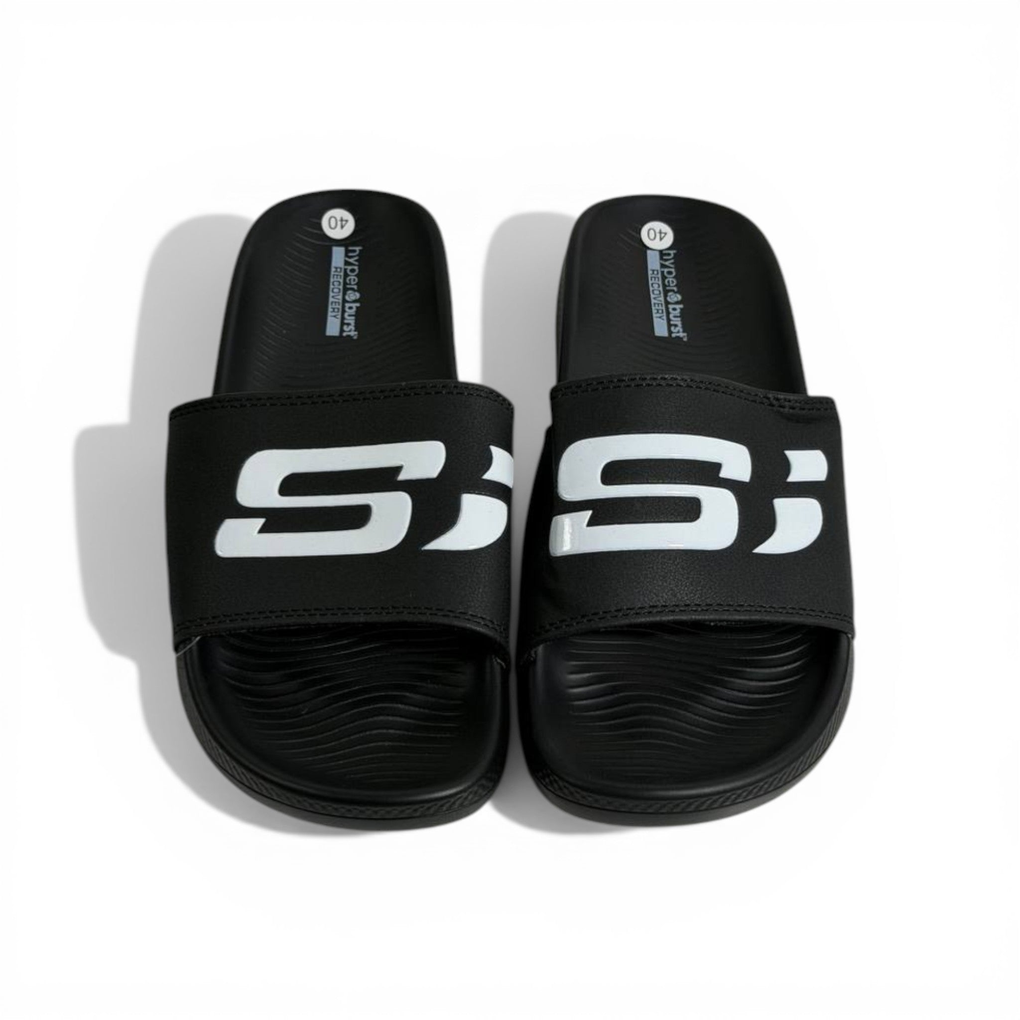 🖤⚡ Skechers Hyper Burst Slides – Black Bold Logo Edition | Ultra Comfort