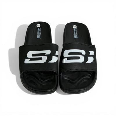 🖤⚡ Skechers Hyper Burst Slides – Black Bold Logo Edition | Ultra Comfort