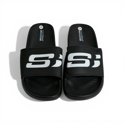 🖤⚡ Skechers Hyper Burst Slides – Black Bold Logo Edition | Ultra Comfort