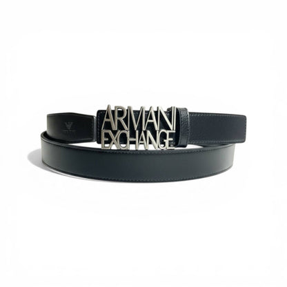 🖤✨ Armani Exchange Logo Leather Belt – Silver Statement Buckle | 110CM