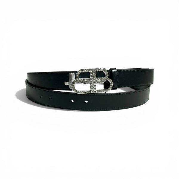 🖤✨ Balenciaga BB Crystal Logo Belt – Silver Sparkle Buckle | 125CM