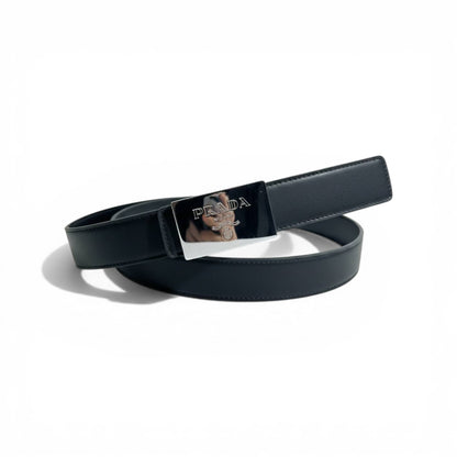🖤✨ Prada Milano Leather Belt – Signature Plaque Buckle | 125CM