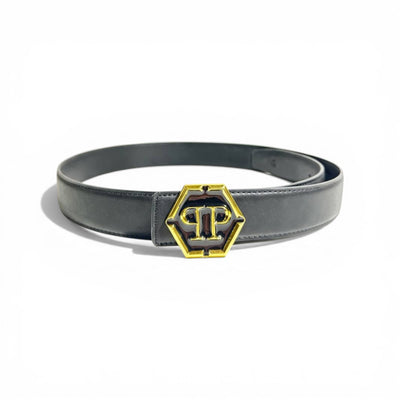 🖤✨ Philipp Plein PP Hexagon Logo Belt – Gold & Black Buckle |