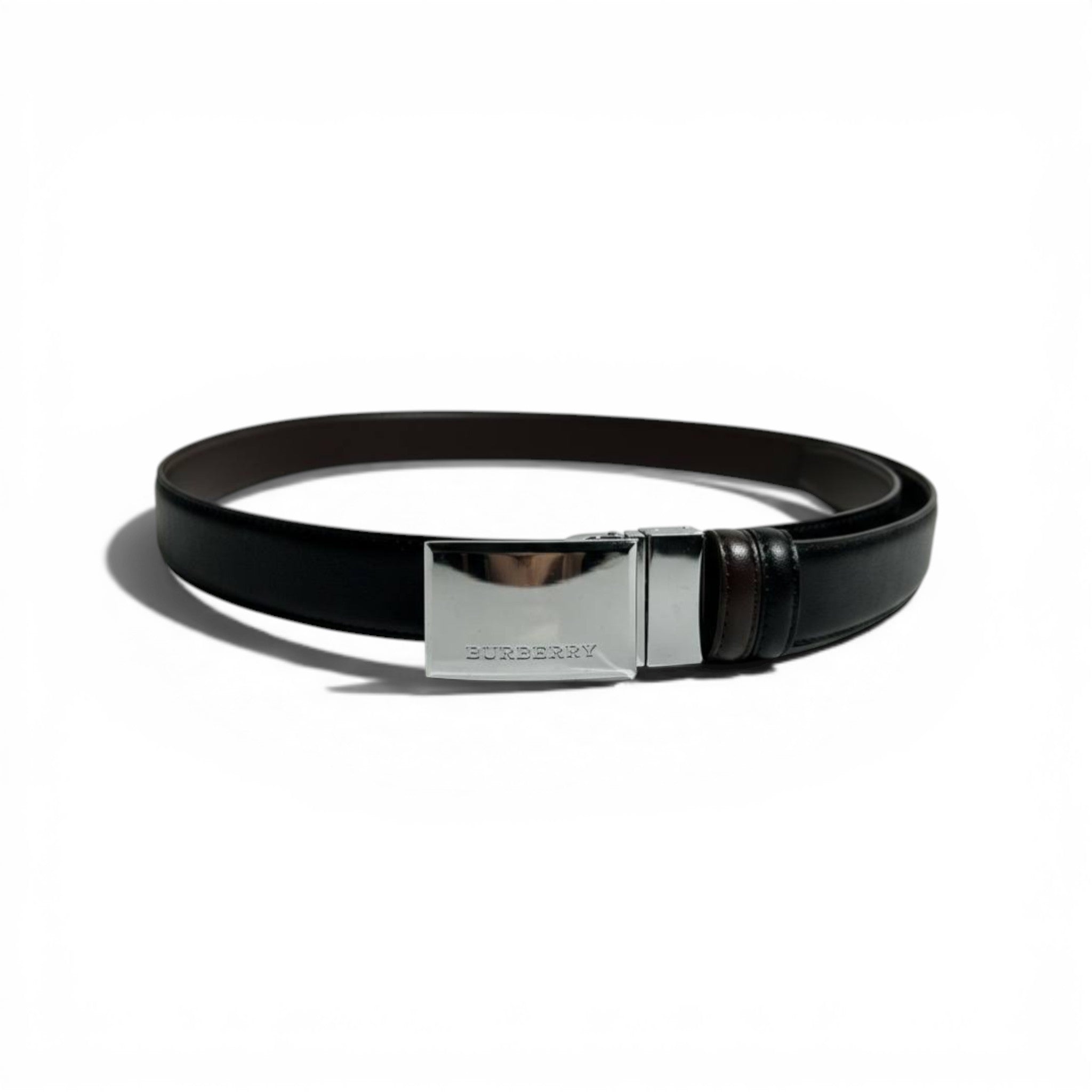 🖤✨ Burberry Classic Plaque Belt – Black Leather & Silver Buckle | 125CM