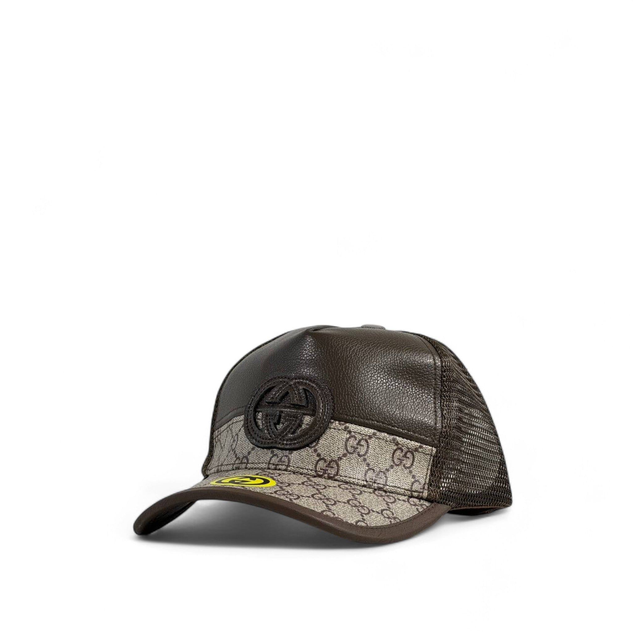 🧢 Gucci Leather & Monogram Mesh Trucker Cap – Dark Brown 🤎✨