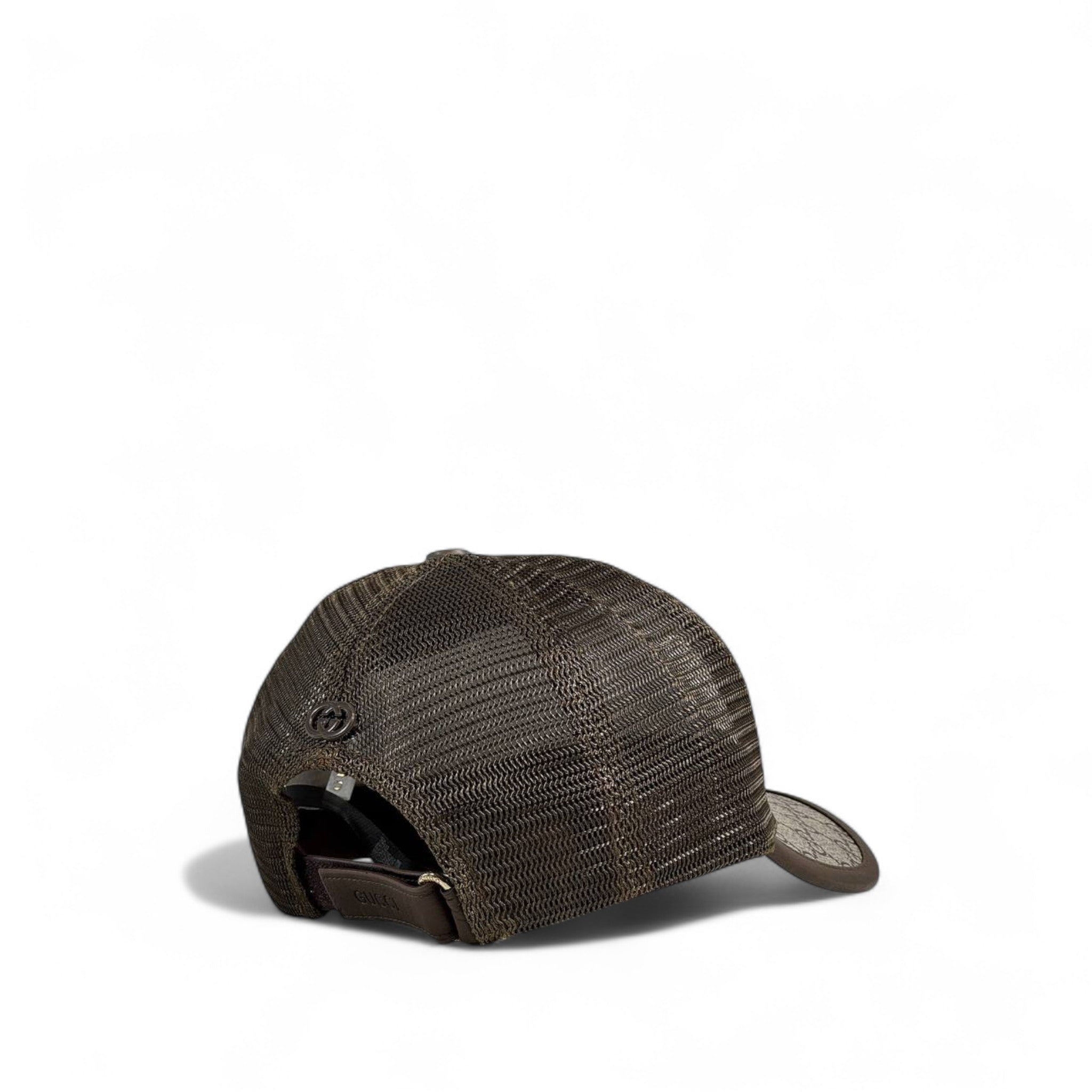 🧢 Gucci Leather & Monogram Mesh Trucker Cap – Dark Brown 🤎✨