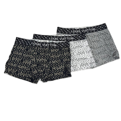 👕 Louis Vuitton Luxury Boxer Shorts – 3 Pack (Black, White & Grey)
