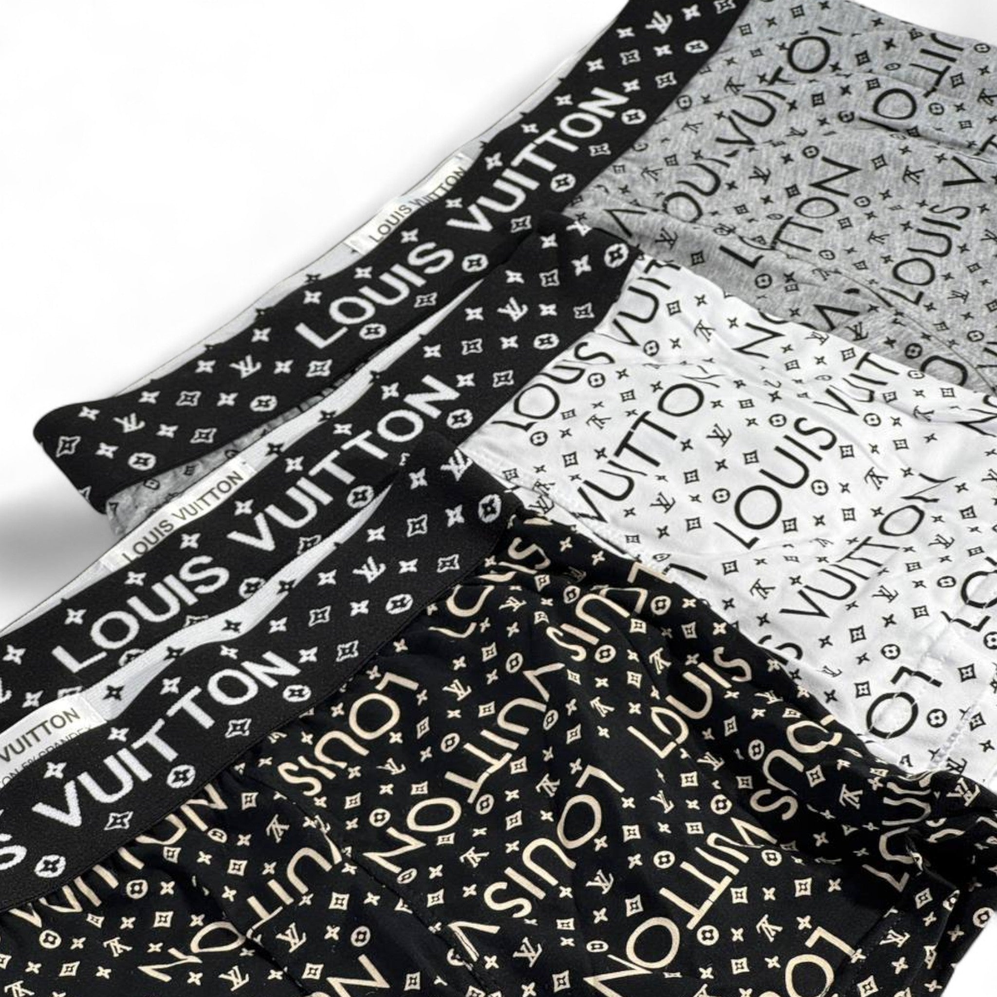 👕 Louis Vuitton Luxury Boxer Shorts – 3 Pack (Black, White & Grey)
