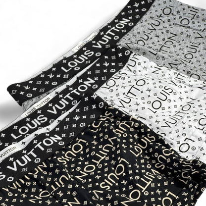 👕 Louis Vuitton Luxury Boxer Shorts – 3 Pack (Black, White & Grey)