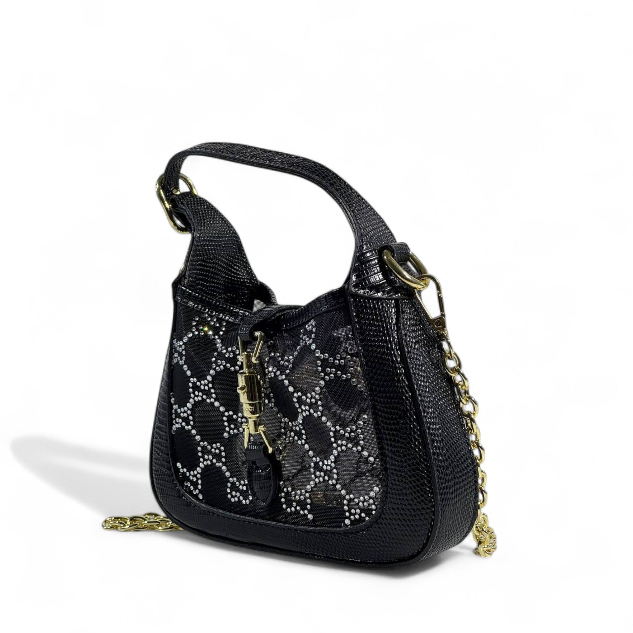 ✨ Gucci Black Crystal Horsebit Shoulder Bag – Sparkle in Style