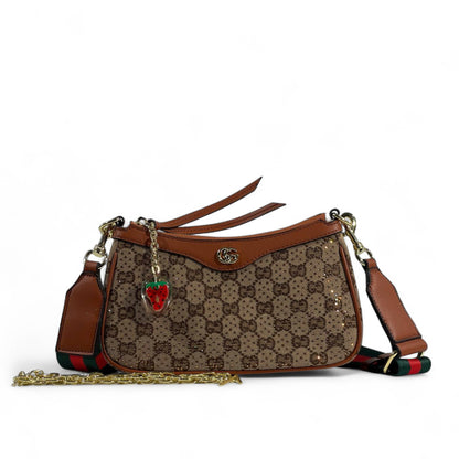 🍓 Gucci Monogram Strawberry Charm Shoulder Bag – Playful Luxury