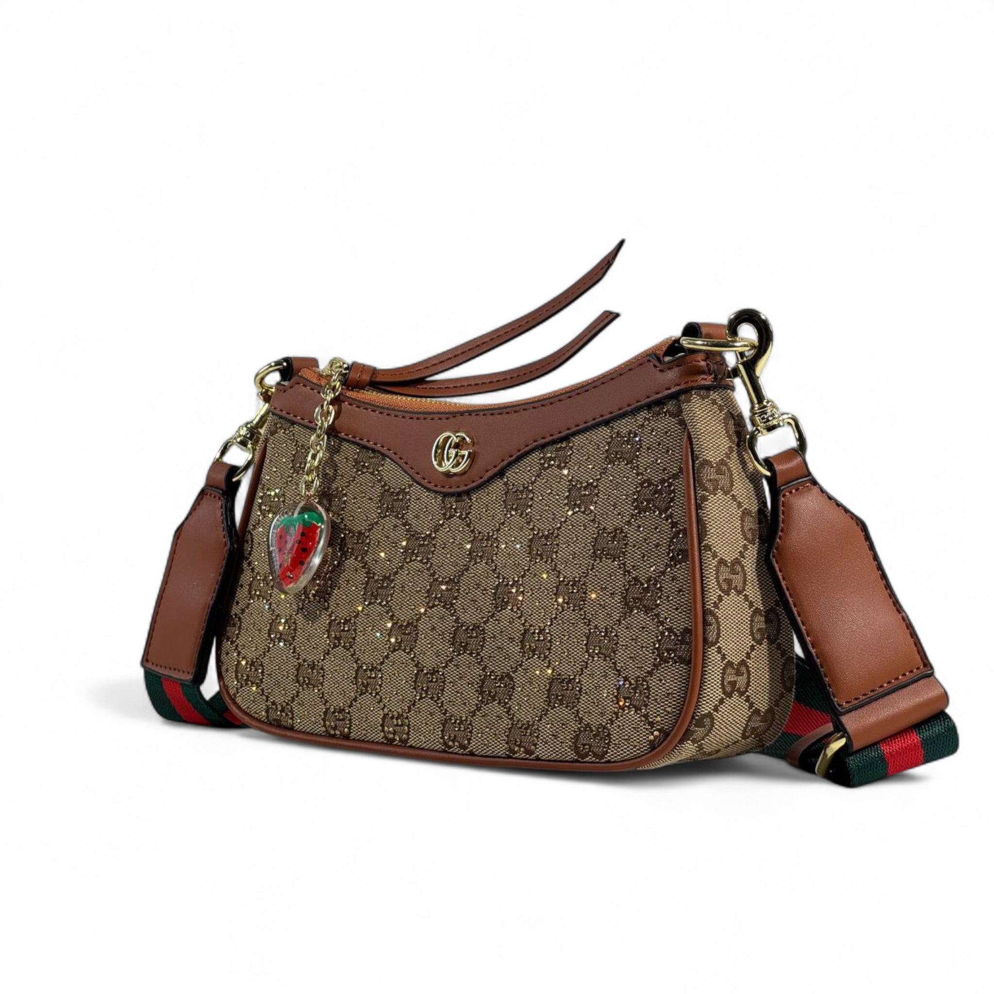 🍓 Gucci Monogram Strawberry Charm Shoulder Bag – Playful Luxury