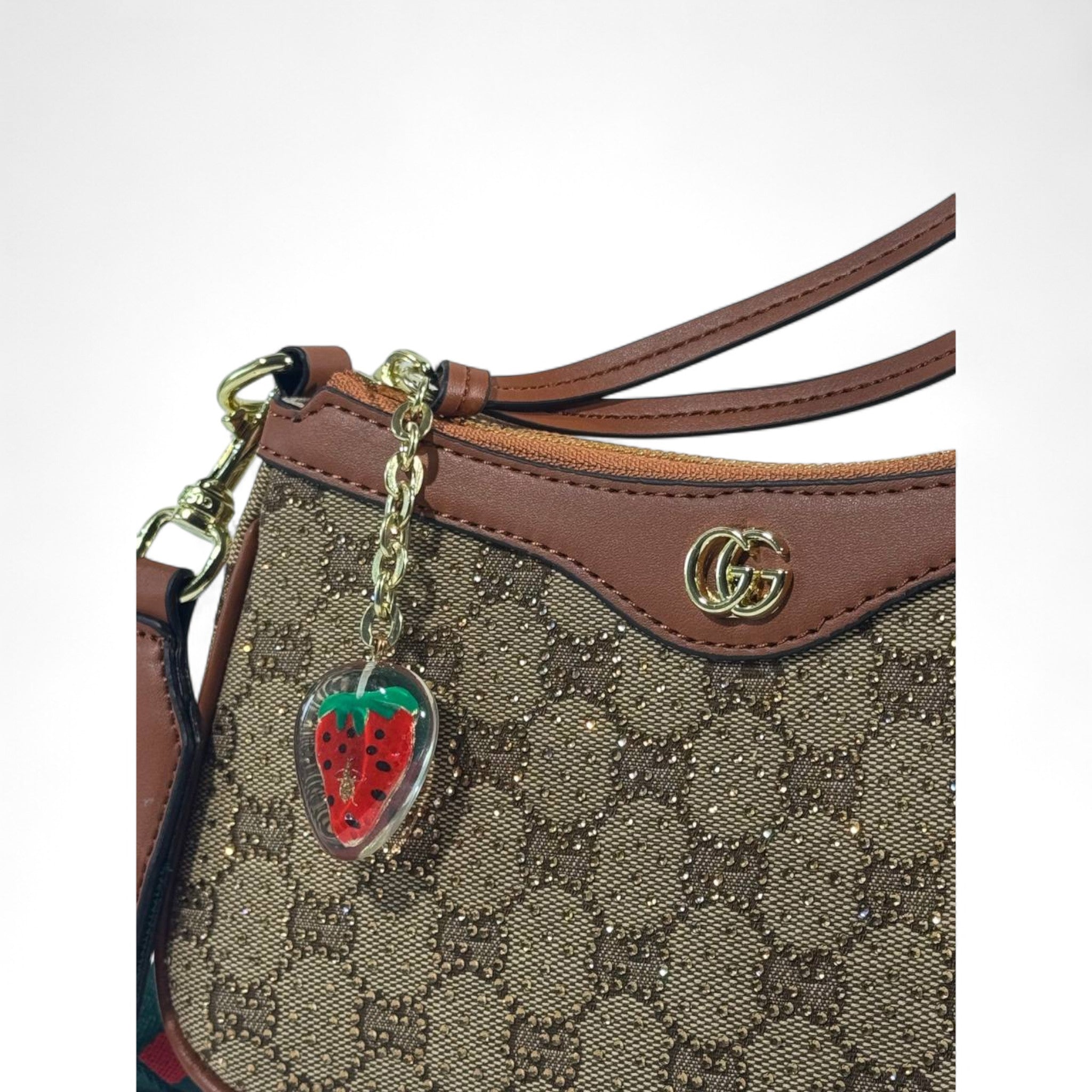 🍓 Gucci Monogram Strawberry Charm Shoulder Bag – Playful Luxury