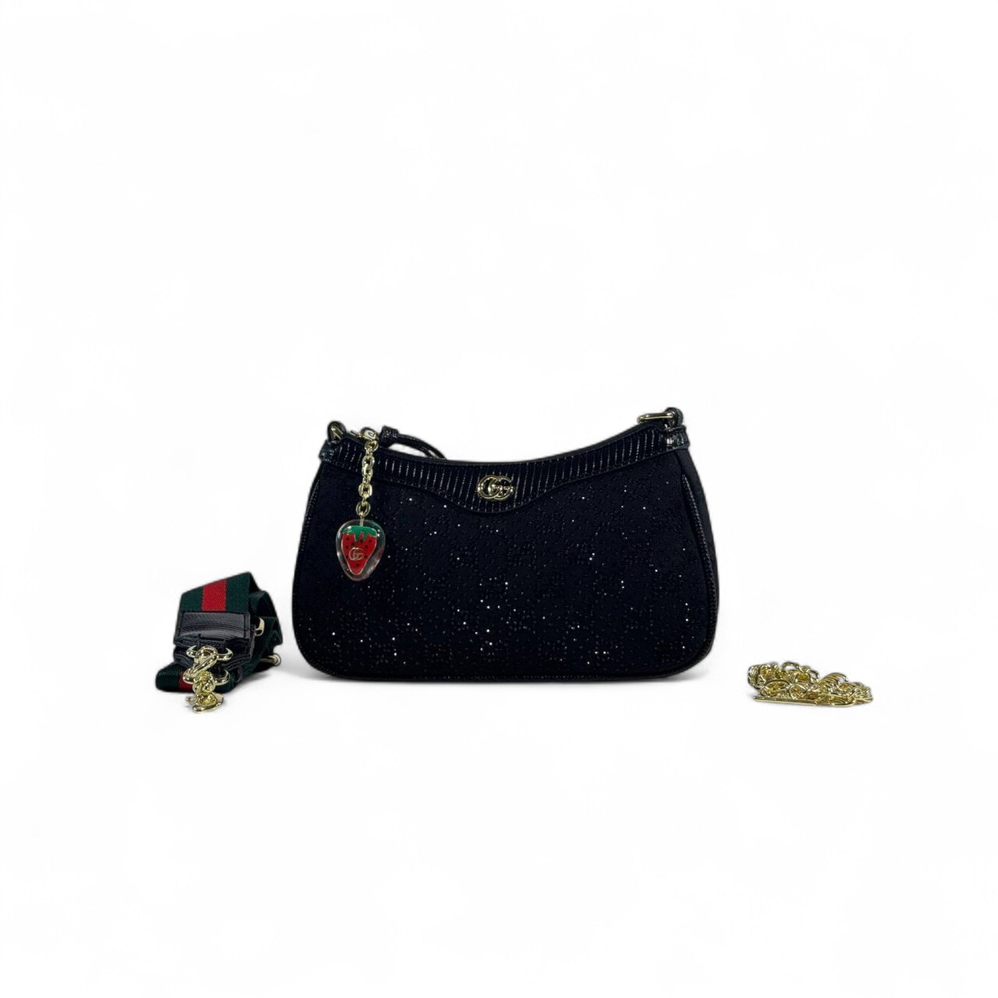 ✨ Gucci Black Sparkle Shoulder Bag with Strawberry Charm 🍓
